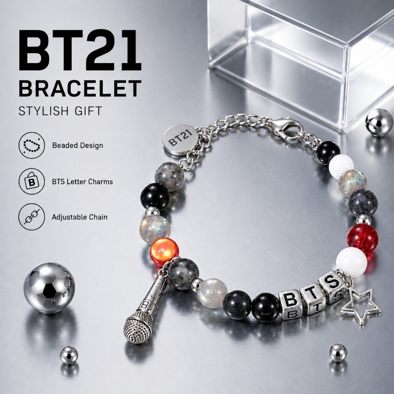 BT21 Black Red Beaded Bracelet - Jewelry Making Accessories ulasan dan harga