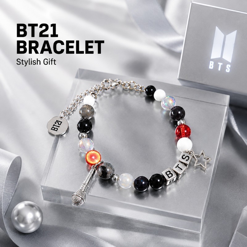 BT21 Black Red Beaded Bracelet - Jewelry Making Accessories ulasan dan harga